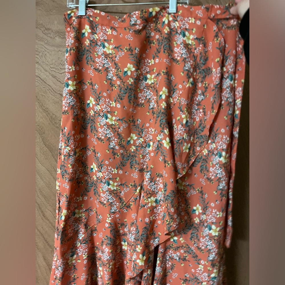 Faux wrap skirt, elastic waistband, and floral print